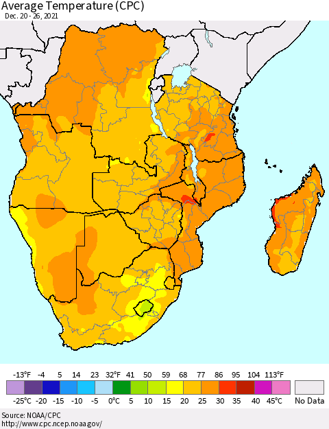 Southern Africa Average Temperature (CPC) Thematic Map For 12/20/2021 - 12/26/2021