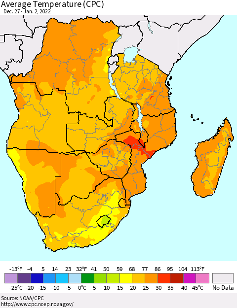 Southern Africa Average Temperature (CPC) Thematic Map For 12/27/2021 - 1/2/2022