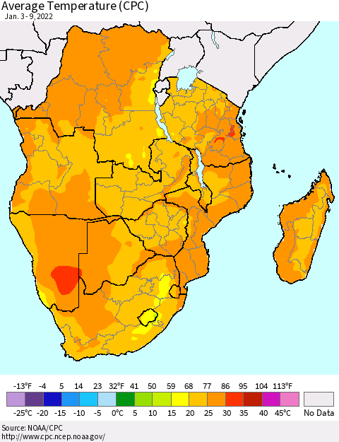 Southern Africa Average Temperature (CPC) Thematic Map For 1/3/2022 - 1/9/2022