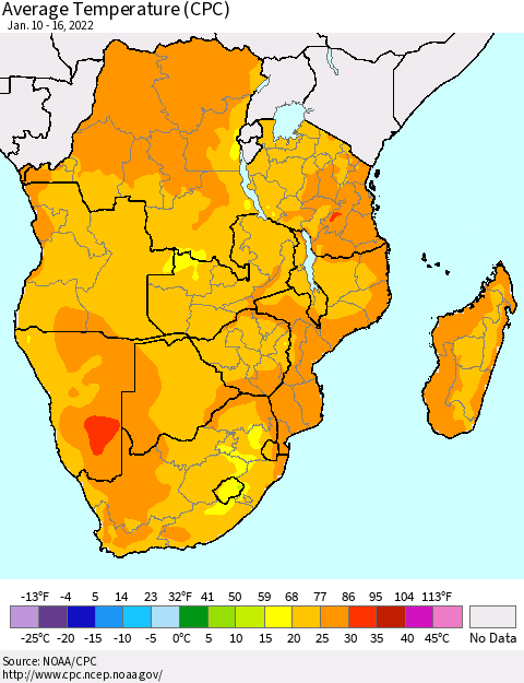 Southern Africa Average Temperature (CPC) Thematic Map For 1/10/2022 - 1/16/2022