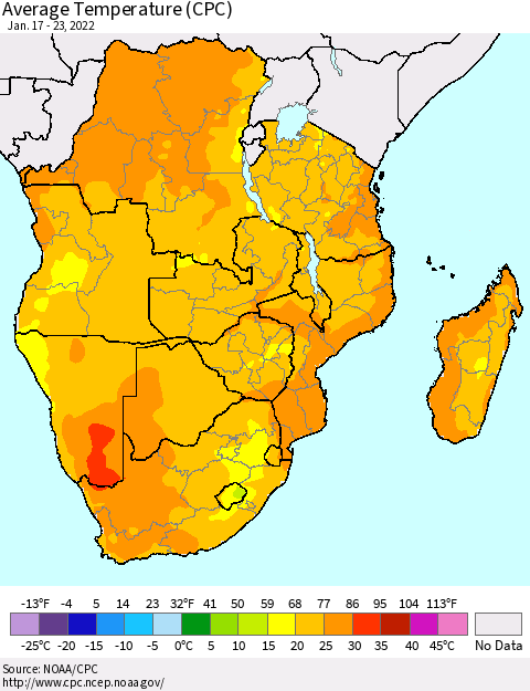 Southern Africa Average Temperature (CPC) Thematic Map For 1/17/2022 - 1/23/2022