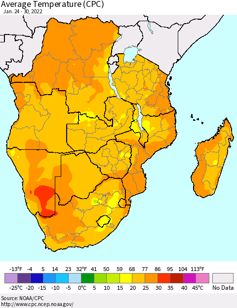 Southern Africa Average Temperature (CPC) Thematic Map For 1/24/2022 - 1/30/2022
