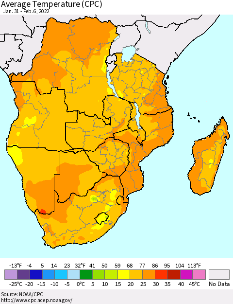 Southern Africa Average Temperature (CPC) Thematic Map For 1/31/2022 - 2/6/2022