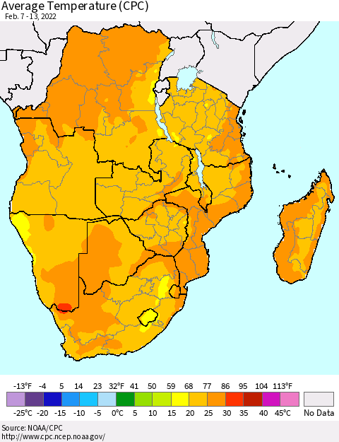 Southern Africa Average Temperature (CPC) Thematic Map For 2/7/2022 - 2/13/2022