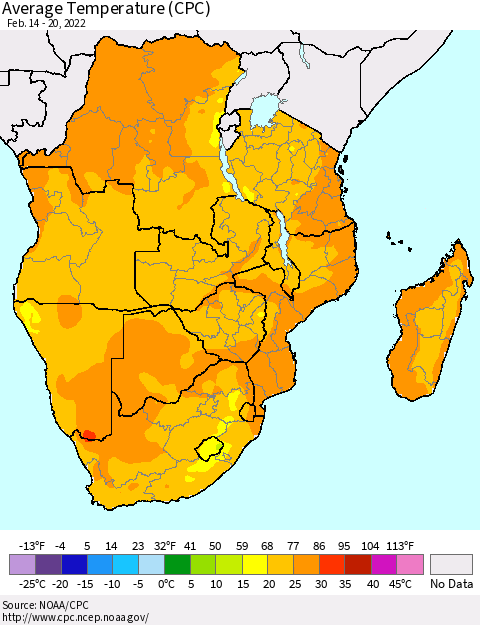 Southern Africa Average Temperature (CPC) Thematic Map For 2/14/2022 - 2/20/2022
