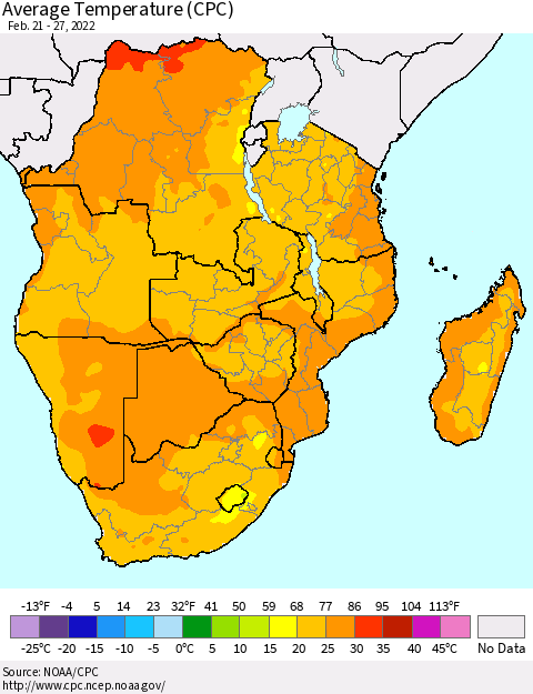 Southern Africa Average Temperature (CPC) Thematic Map For 2/21/2022 - 2/27/2022