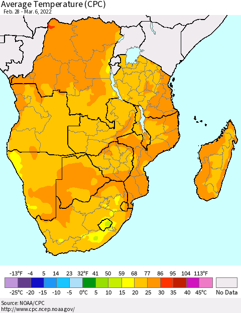 Southern Africa Average Temperature (CPC) Thematic Map For 2/28/2022 - 3/6/2022