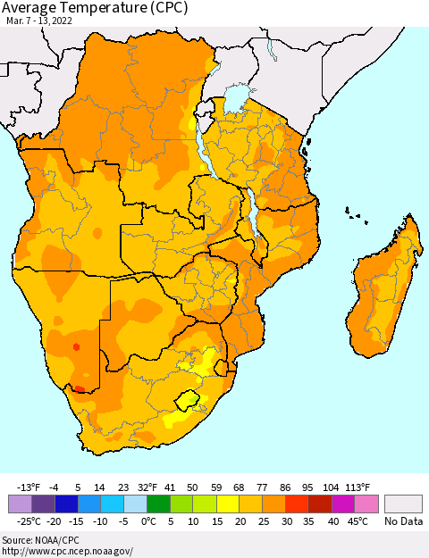 Southern Africa Average Temperature (CPC) Thematic Map For 3/7/2022 - 3/13/2022