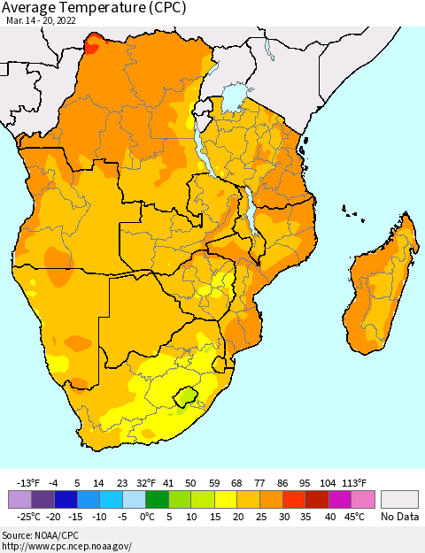 Southern Africa Average Temperature (CPC) Thematic Map For 3/14/2022 - 3/20/2022