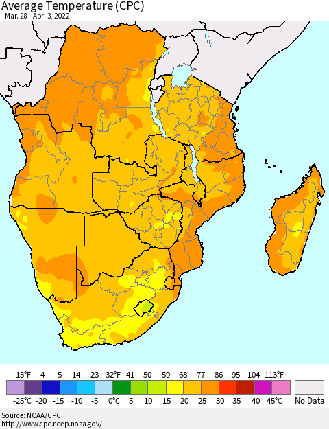 Southern Africa Average Temperature (CPC) Thematic Map For 3/28/2022 - 4/3/2022