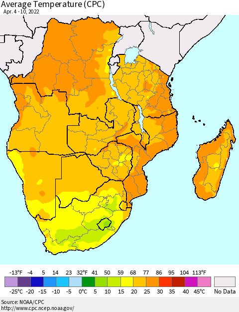 Southern Africa Average Temperature (CPC) Thematic Map For 4/4/2022 - 4/10/2022