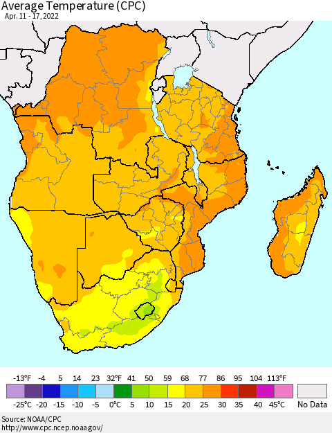 Southern Africa Average Temperature (CPC) Thematic Map For 4/11/2022 - 4/17/2022