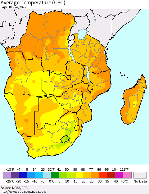 Southern Africa Average Temperature (CPC) Thematic Map For 4/18/2022 - 4/24/2022