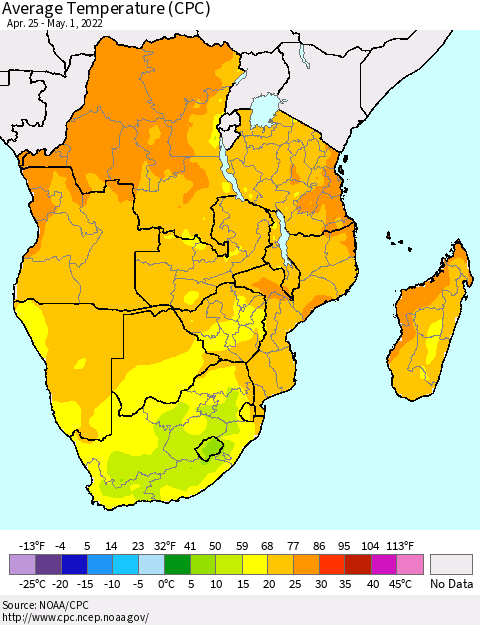 Southern Africa Average Temperature (CPC) Thematic Map For 4/25/2022 - 5/1/2022