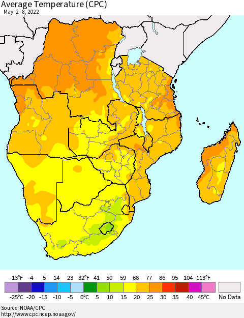 Southern Africa Average Temperature (CPC) Thematic Map For 5/2/2022 - 5/8/2022