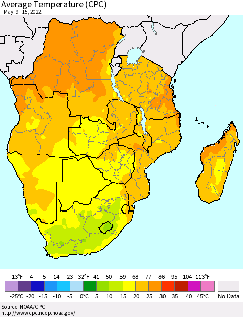 Southern Africa Average Temperature (CPC) Thematic Map For 5/9/2022 - 5/15/2022