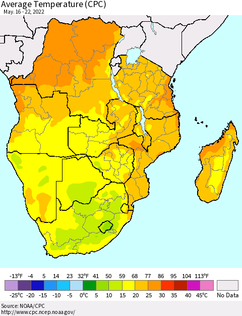 Southern Africa Average Temperature (CPC) Thematic Map For 5/16/2022 - 5/22/2022