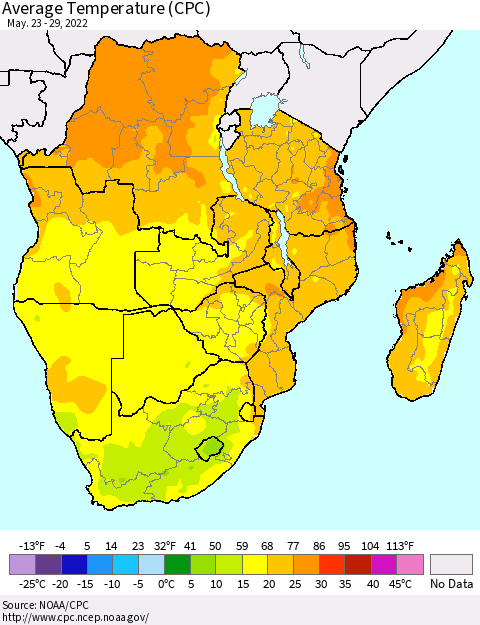 Southern Africa Average Temperature (CPC) Thematic Map For 5/23/2022 - 5/29/2022
