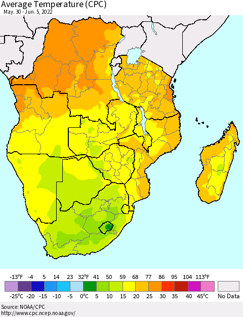 Southern Africa Average Temperature (CPC) Thematic Map For 5/30/2022 - 6/5/2022