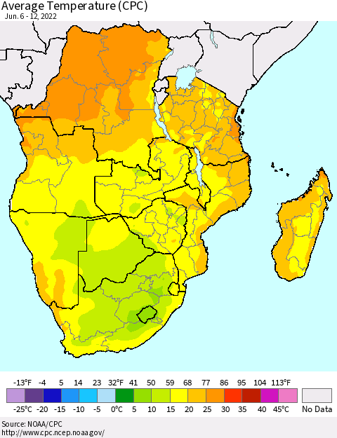 Southern Africa Average Temperature (CPC) Thematic Map For 6/6/2022 - 6/12/2022