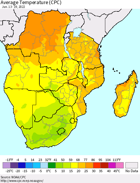 Southern Africa Average Temperature (CPC) Thematic Map For 6/13/2022 - 6/19/2022