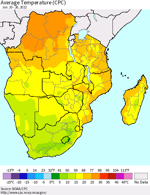 Southern Africa Average Temperature (CPC) Thematic Map For 6/20/2022 - 6/26/2022