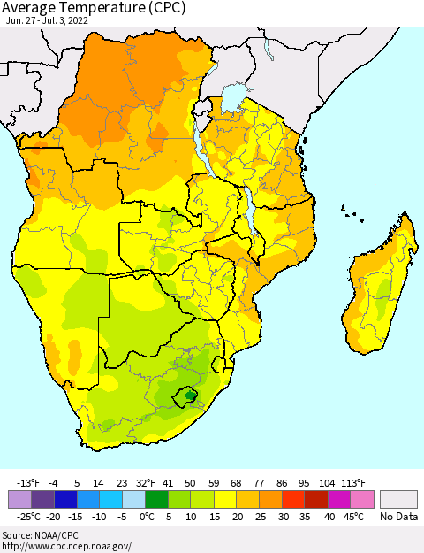 Southern Africa Average Temperature (CPC) Thematic Map For 6/27/2022 - 7/3/2022