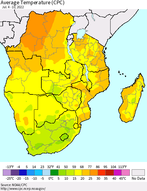 Southern Africa Average Temperature (CPC) Thematic Map For 7/4/2022 - 7/10/2022