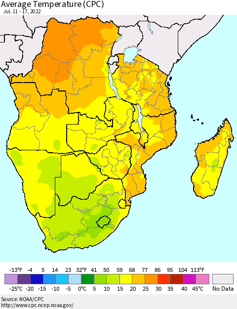 Southern Africa Average Temperature (CPC) Thematic Map For 7/11/2022 - 7/17/2022