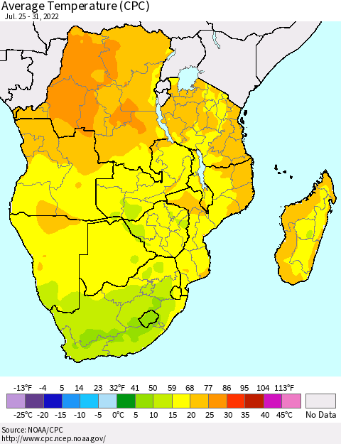 Southern Africa Average Temperature (CPC) Thematic Map For 7/25/2022 - 7/31/2022
