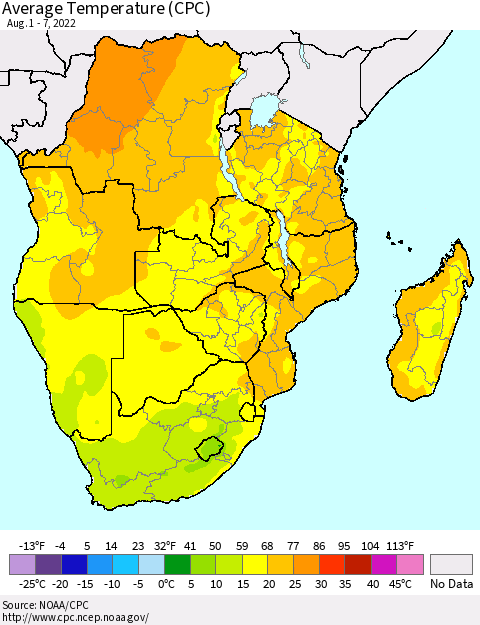 Southern Africa Average Temperature (CPC) Thematic Map For 8/1/2022 - 8/7/2022
