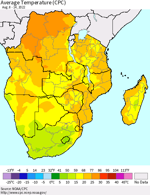 Southern Africa Average Temperature (CPC) Thematic Map For 8/8/2022 - 8/14/2022