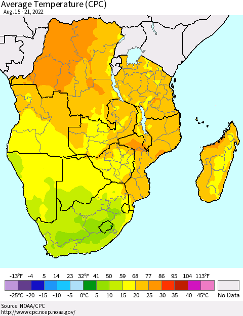 Southern Africa Average Temperature (CPC) Thematic Map For 8/15/2022 - 8/21/2022