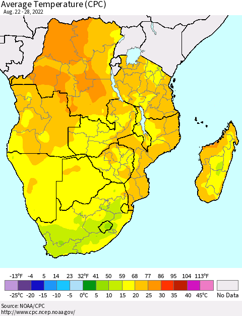 Southern Africa Average Temperature (CPC) Thematic Map For 8/22/2022 - 8/28/2022