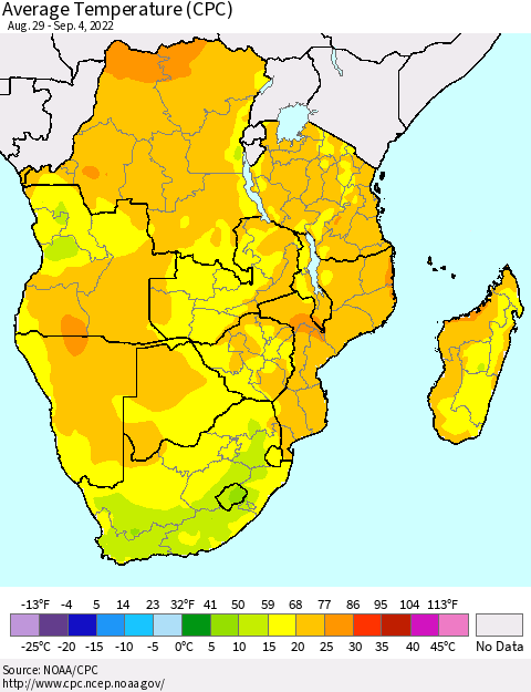 Southern Africa Average Temperature (CPC) Thematic Map For 8/29/2022 - 9/4/2022
