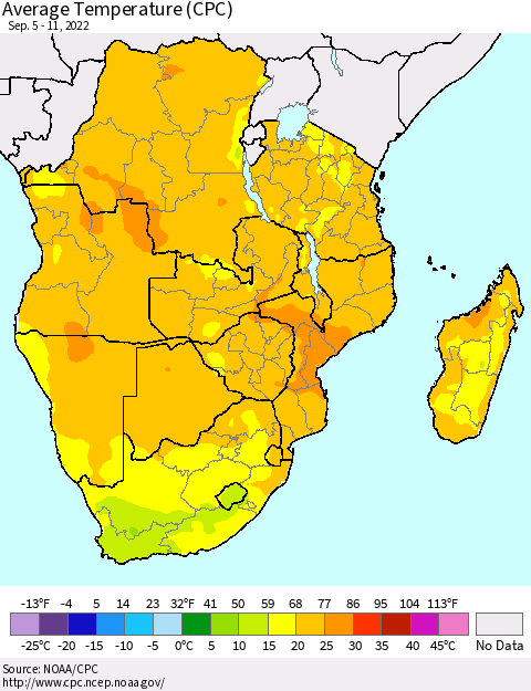 Southern Africa Average Temperature (CPC) Thematic Map For 9/5/2022 - 9/11/2022
