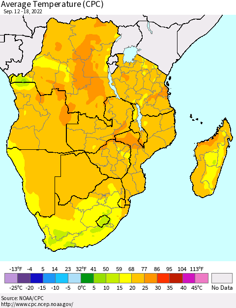 Southern Africa Average Temperature (CPC) Thematic Map For 9/12/2022 - 9/18/2022