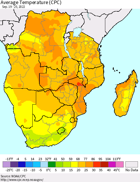 Southern Africa Average Temperature (CPC) Thematic Map For 9/19/2022 - 9/25/2022