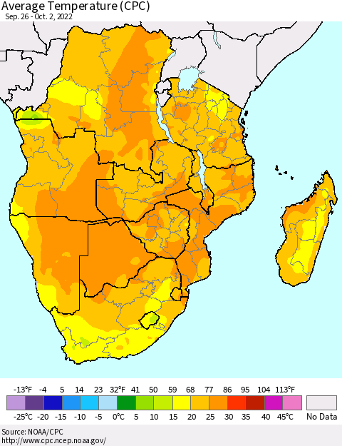 Southern Africa Average Temperature (CPC) Thematic Map For 9/26/2022 - 10/2/2022
