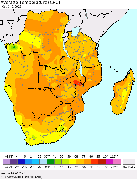 Southern Africa Average Temperature (CPC) Thematic Map For 10/3/2022 - 10/9/2022
