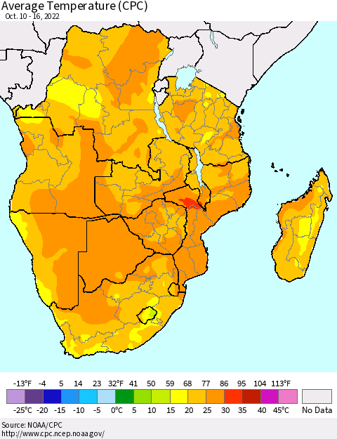 Southern Africa Average Temperature (CPC) Thematic Map For 10/10/2022 - 10/16/2022