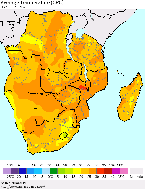 Southern Africa Average Temperature (CPC) Thematic Map For 10/17/2022 - 10/23/2022