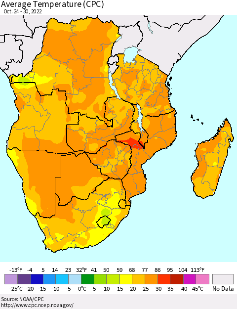 Southern Africa Average Temperature (CPC) Thematic Map For 10/24/2022 - 10/30/2022
