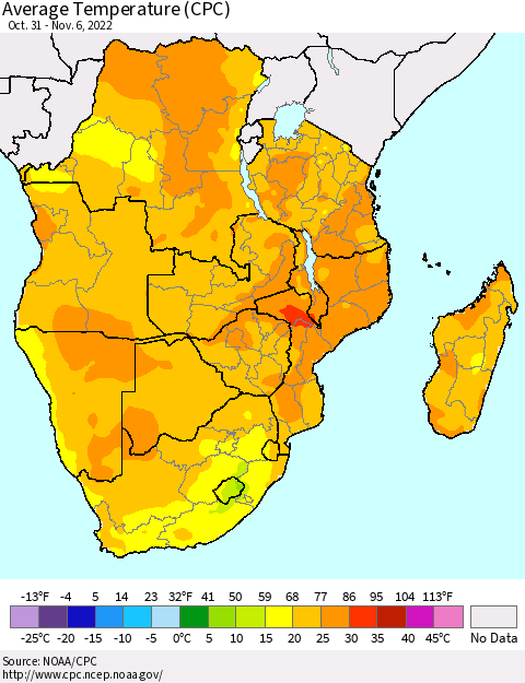 Southern Africa Average Temperature (CPC) Thematic Map For 10/31/2022 - 11/6/2022