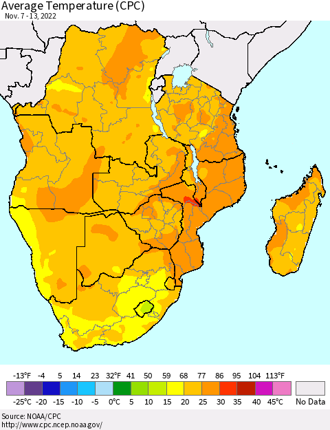 Southern Africa Average Temperature (CPC) Thematic Map For 11/7/2022 - 11/13/2022