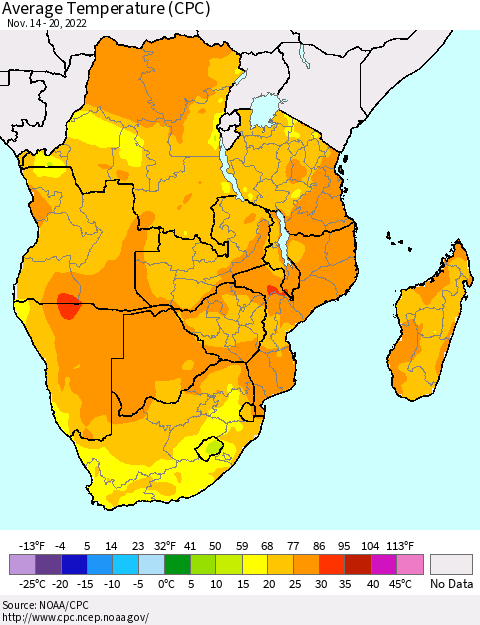 Southern Africa Average Temperature (CPC) Thematic Map For 11/14/2022 - 11/20/2022