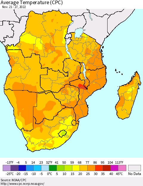 Southern Africa Average Temperature (CPC) Thematic Map For 11/21/2022 - 11/27/2022