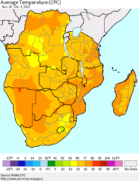Southern Africa Average Temperature (CPC) Thematic Map For 11/28/2022 - 12/4/2022