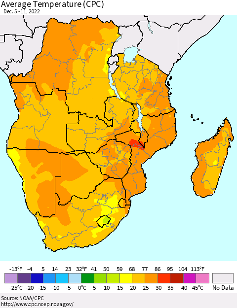 Southern Africa Average Temperature (CPC) Thematic Map For 12/5/2022 - 12/11/2022