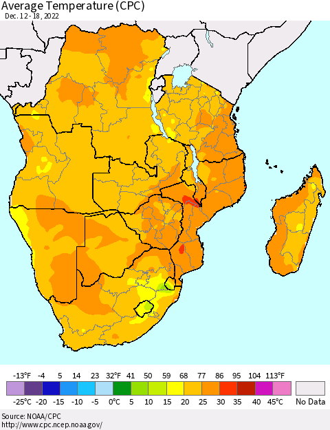 Southern Africa Average Temperature (CPC) Thematic Map For 12/12/2022 - 12/18/2022